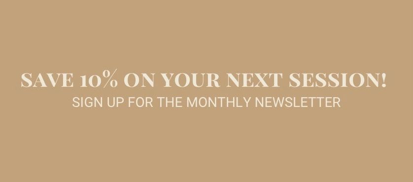 Newsletter signup promotional banner with savings offer on tan background.
