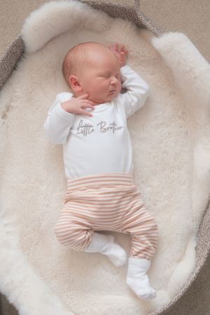 A newborn baby laying on a soft blanket within a baby basket. Neutral colours.