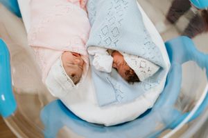 Newborn twins swaddled in pink and blue blankets with embroidered patterns.