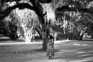 Black and white photo of a figure standing under Spanish moss-draped trees.