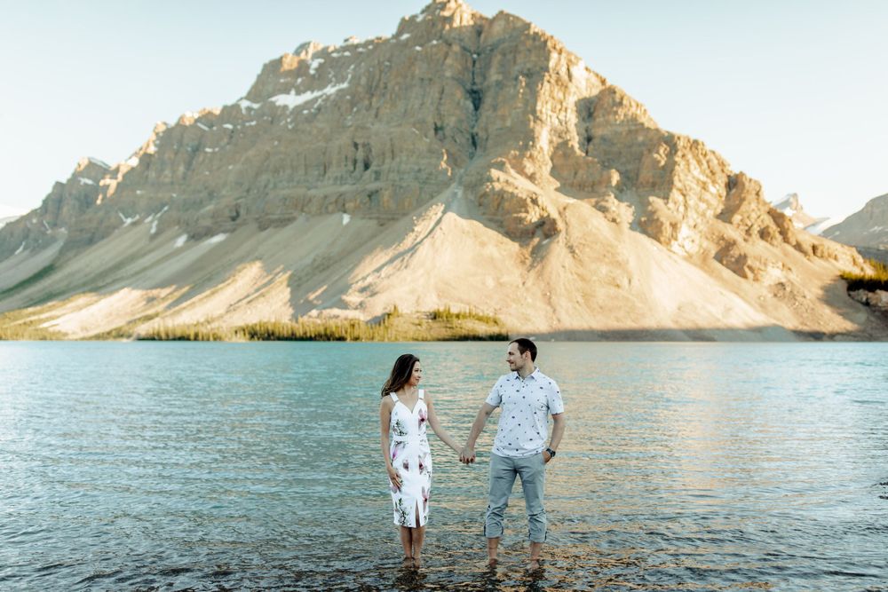 sunset bow lake engagement session golden hour