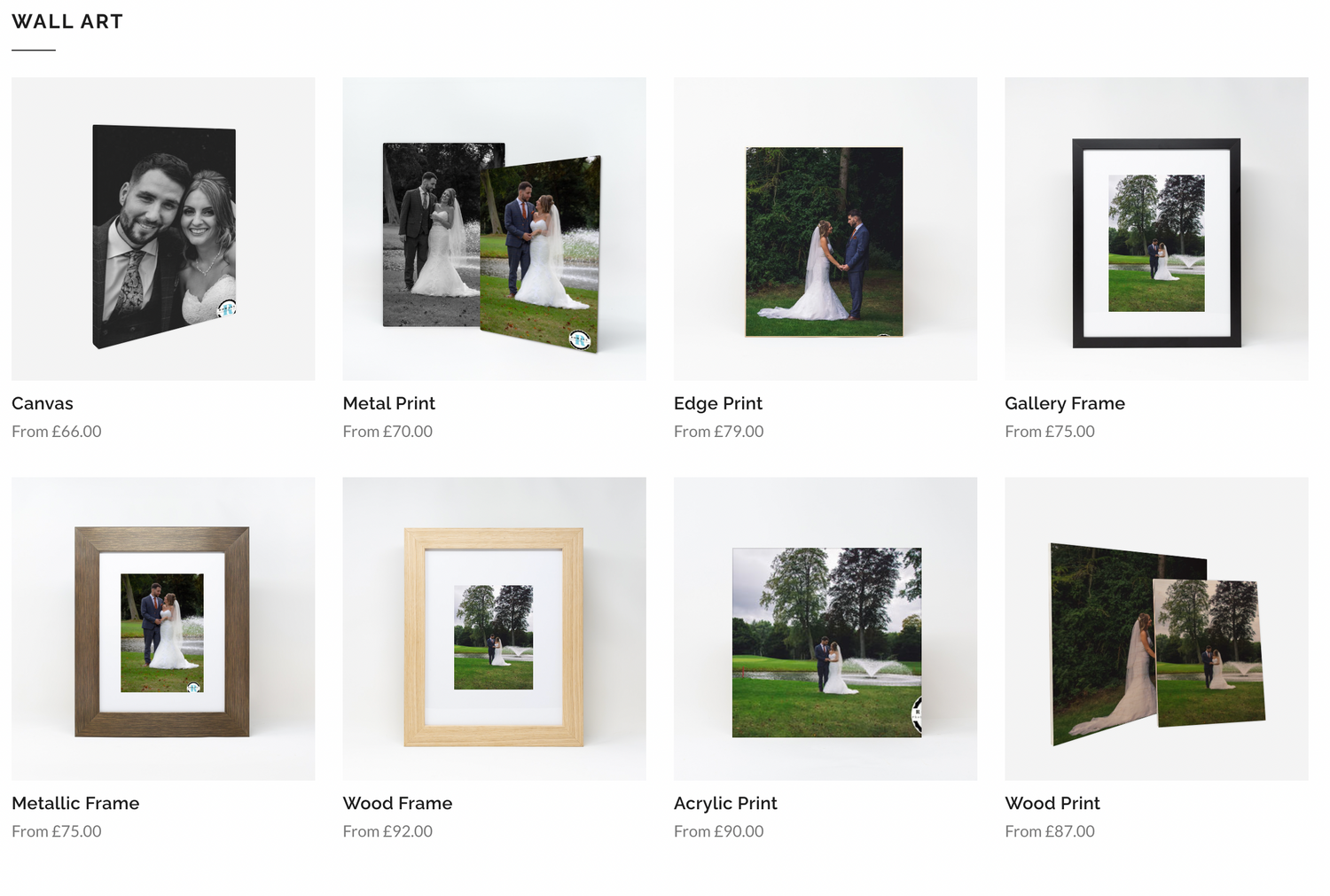Display of various wedding photo frames and wall art options in a gallery layout.