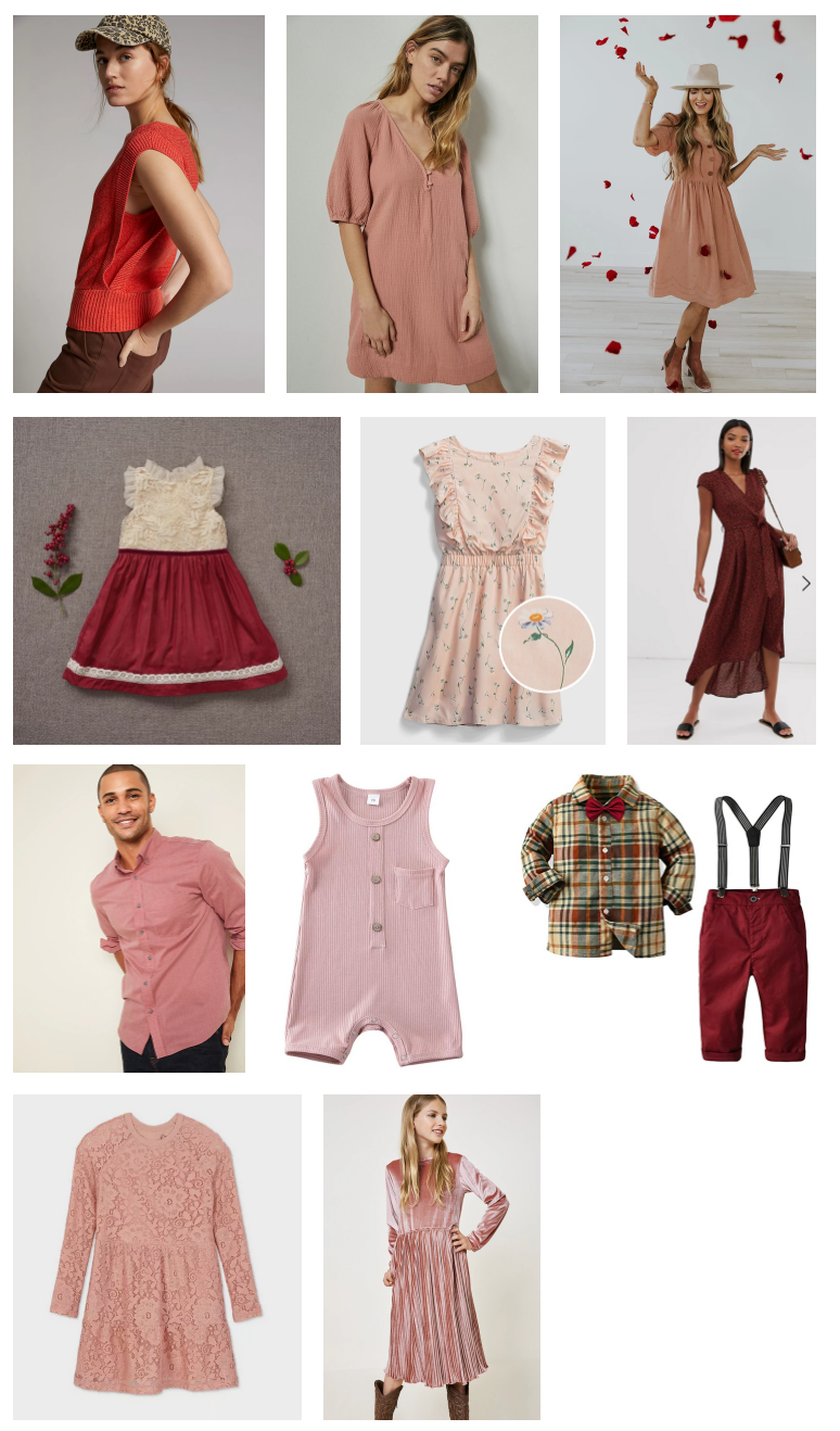 Fashion collage featuring red and pink clothing items including dresses and children's wear.