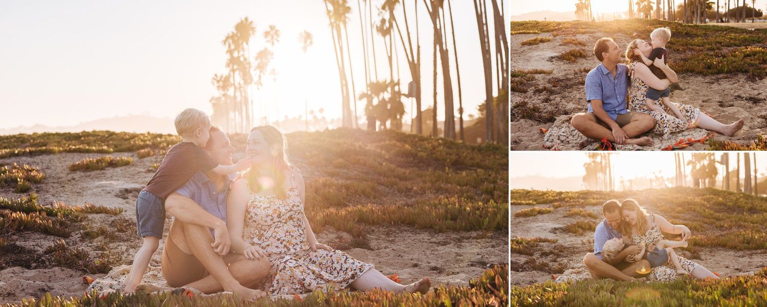 Intimate family moments photographed during golden hour with palm trees in the backdrop.