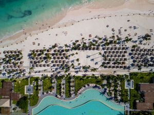 Lopsean pool and beach drone picture top down day time Punta Cana DR