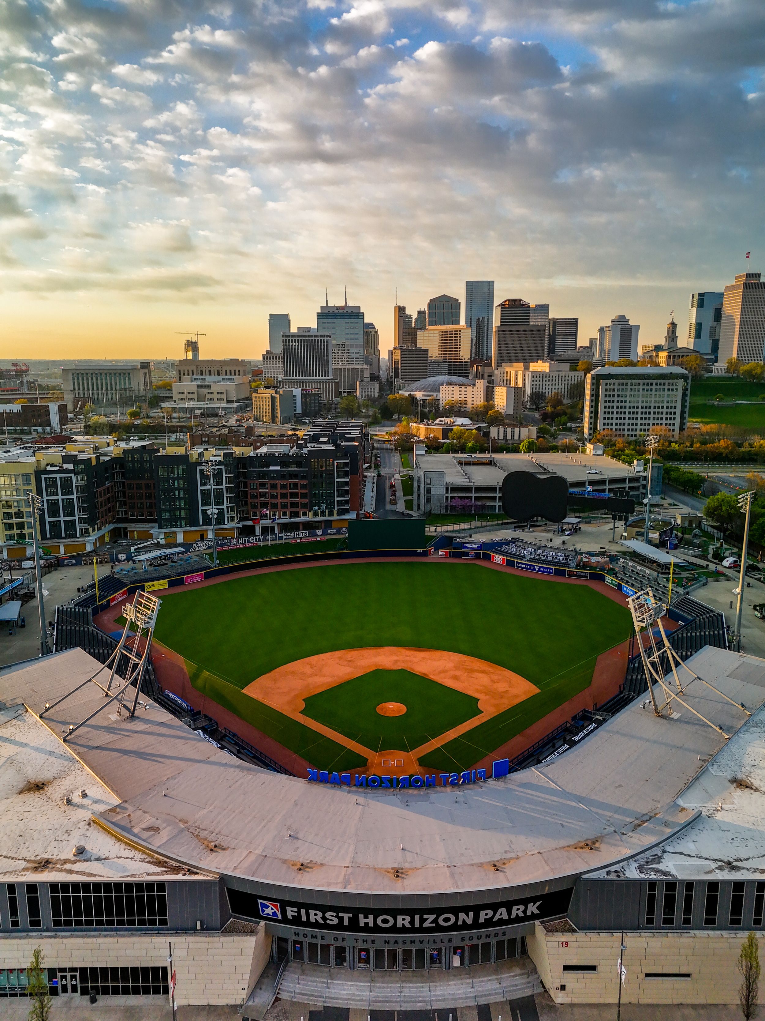 First Horizon Park and Nashville city scape drone photo Nashville Sounds