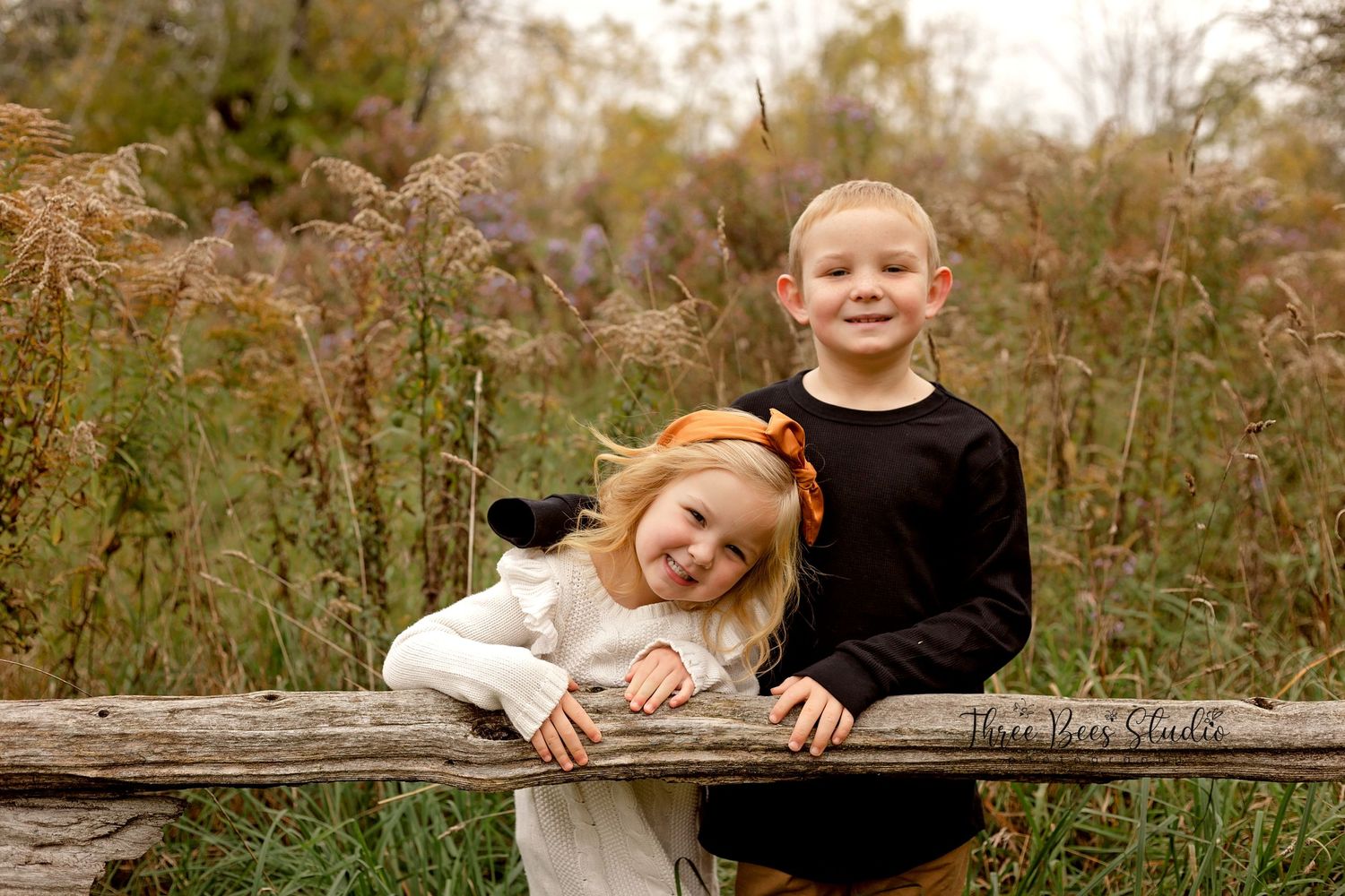 Two children leaning on a wooden fence surrounded by tall autumn grasses at sunset.