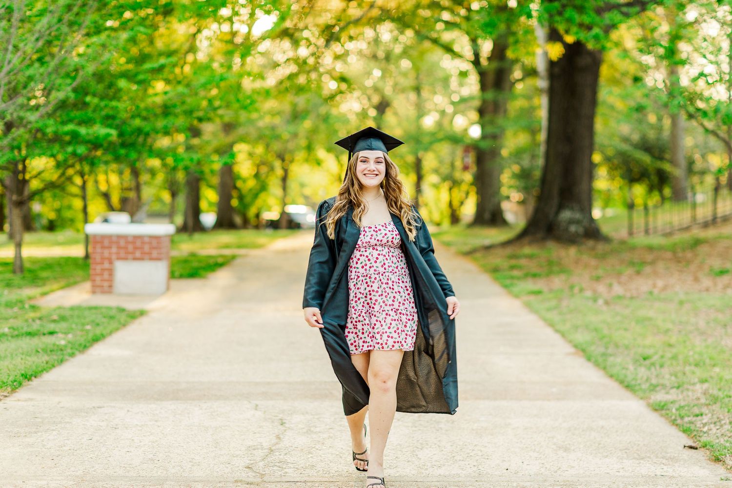 Graduate walking down tree-lined path wearing cap and gown with graduation cap in hand on sunny day.