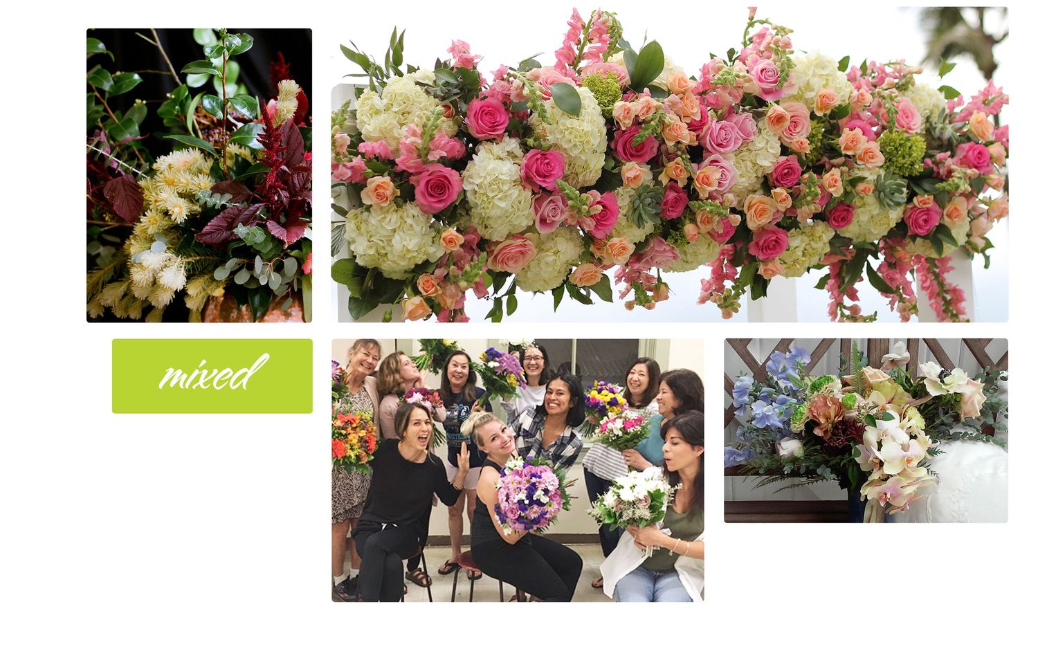 Mixed colors in bouquets, wedding arches, workshops and arrangements.