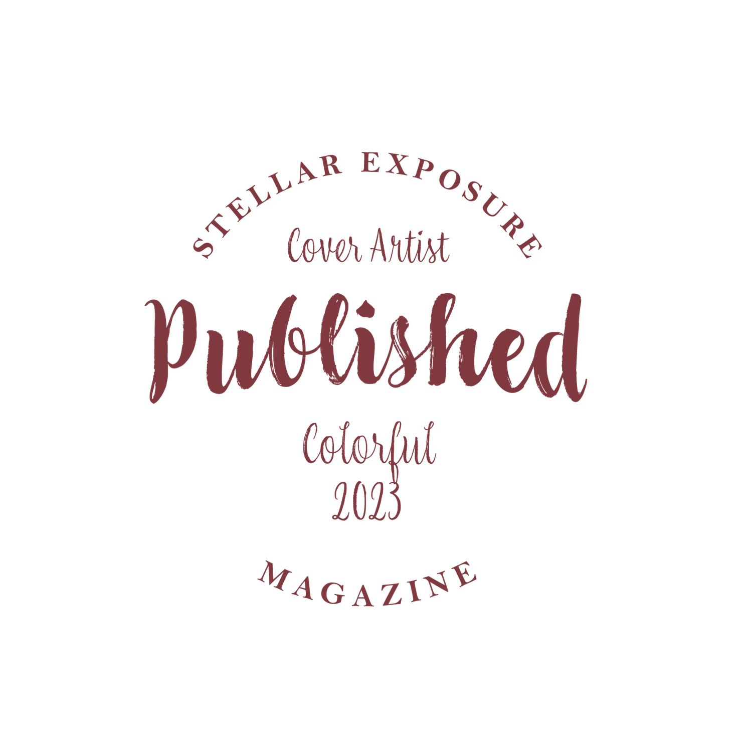 Red vintage-style circular logo design for Published Magazine with 'Cover Artist' and '2023' text.