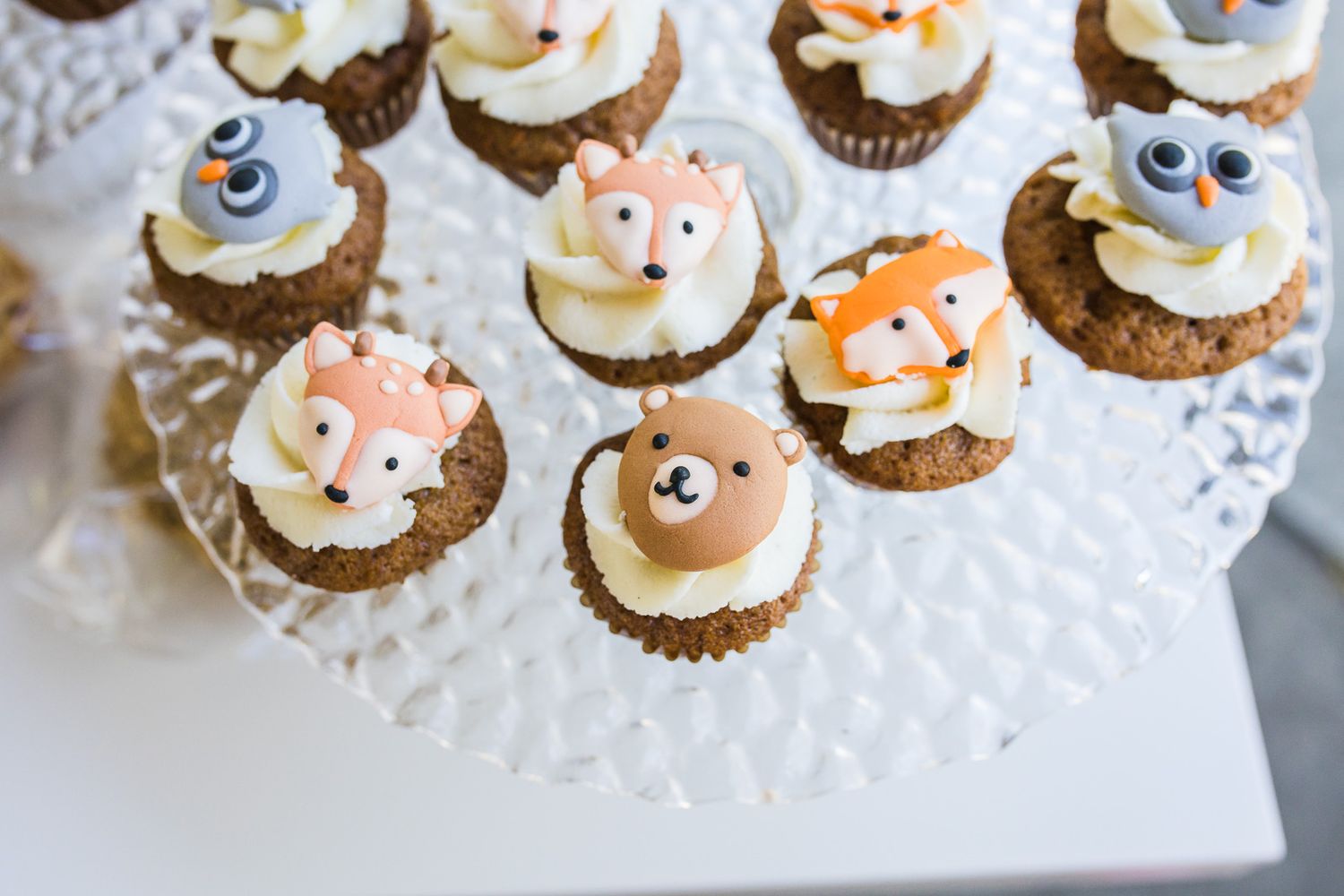 Detail photo of woodland creatures on kid's birthday party cupcakes