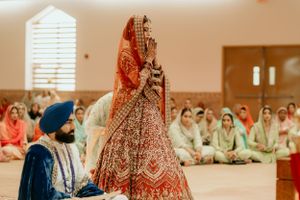 A traditional Sikh wedding ceremony moment captured inside a Gurdwara.