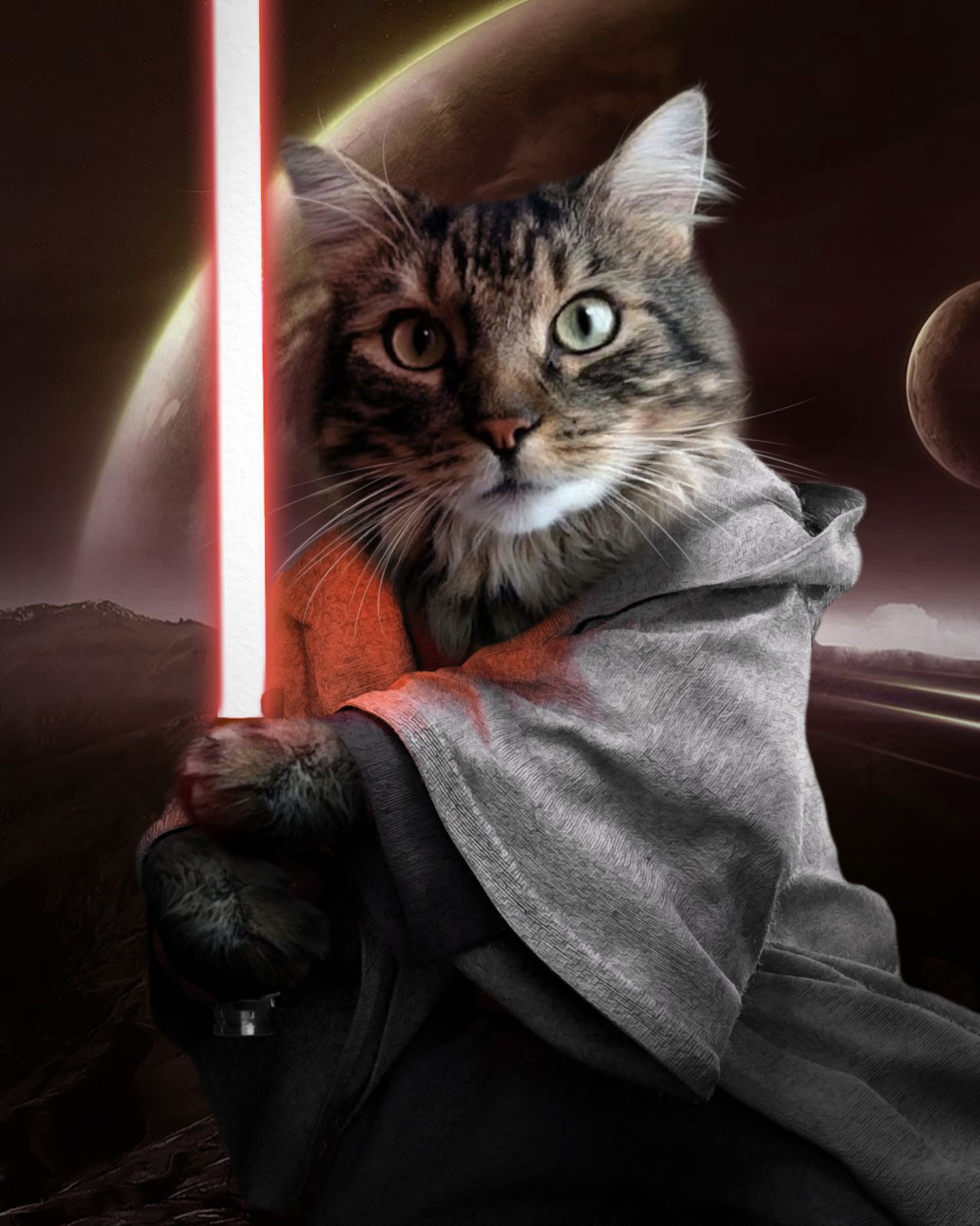Cat wearing grey cloak poses dramatically with red lightsaber in Star Wars themed photo.