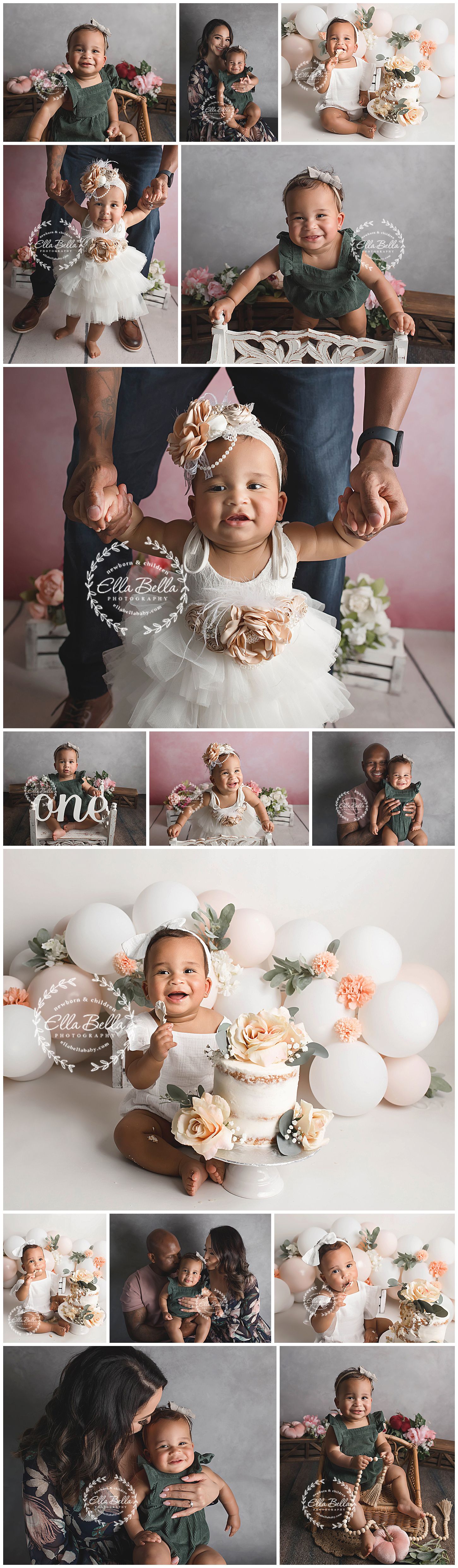 One year old birthday photo session with cake smash, balloons, and floral decorations in white and peach.