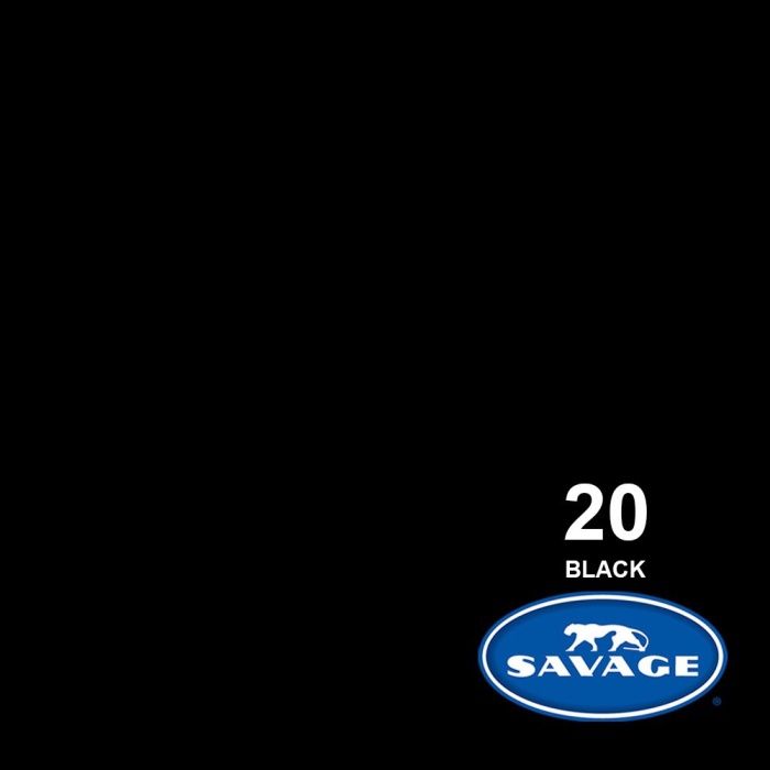 Product label for Savage brand photography backdrop paper in black color number 20.