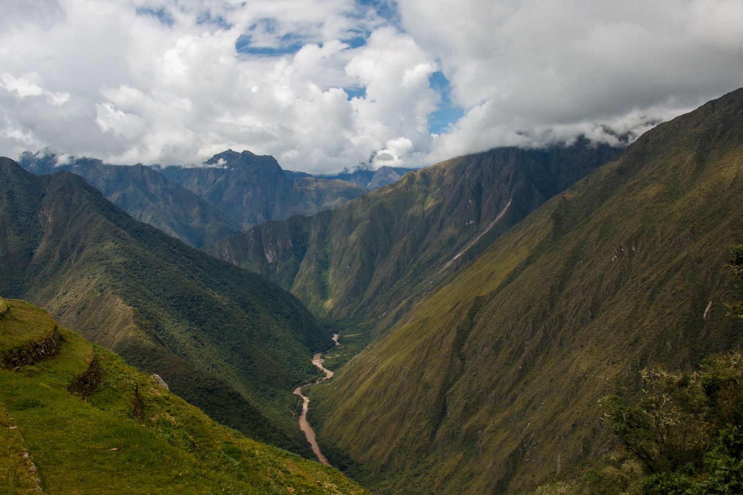 high up the mountains looking down on river in valley in Peruvian Mountains of Machu Picchu South America