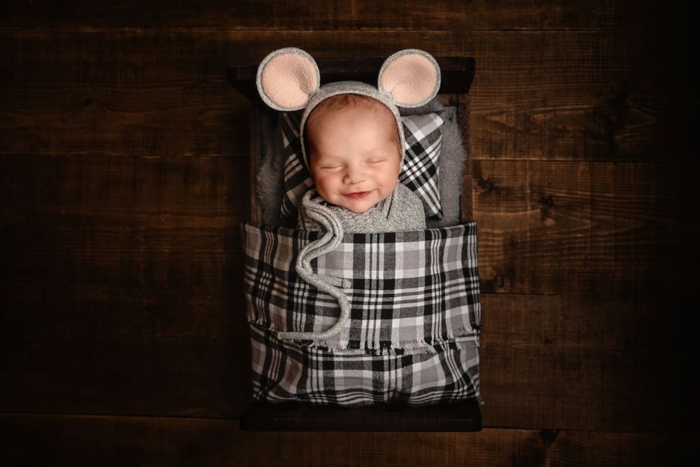 Newborn swaddled in plaid with mouse ears rests on dark wooden surface.