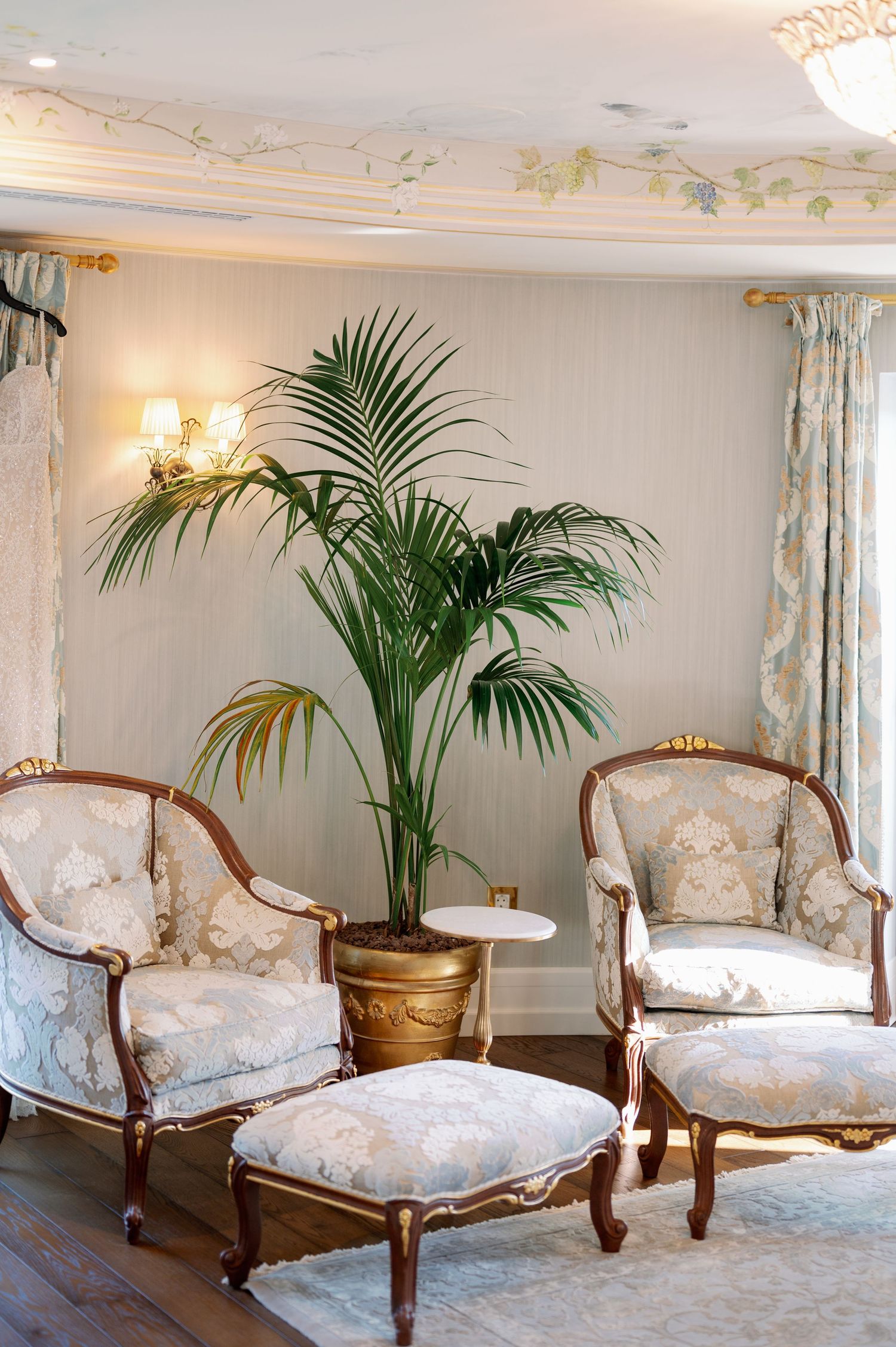 Luxurious sitting area with antique French chairs and large palm plant in gold pot.