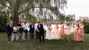Wedding party poses under a weeping willow tree with bridesmaids in pink dresses and groomsmen in navy suits.