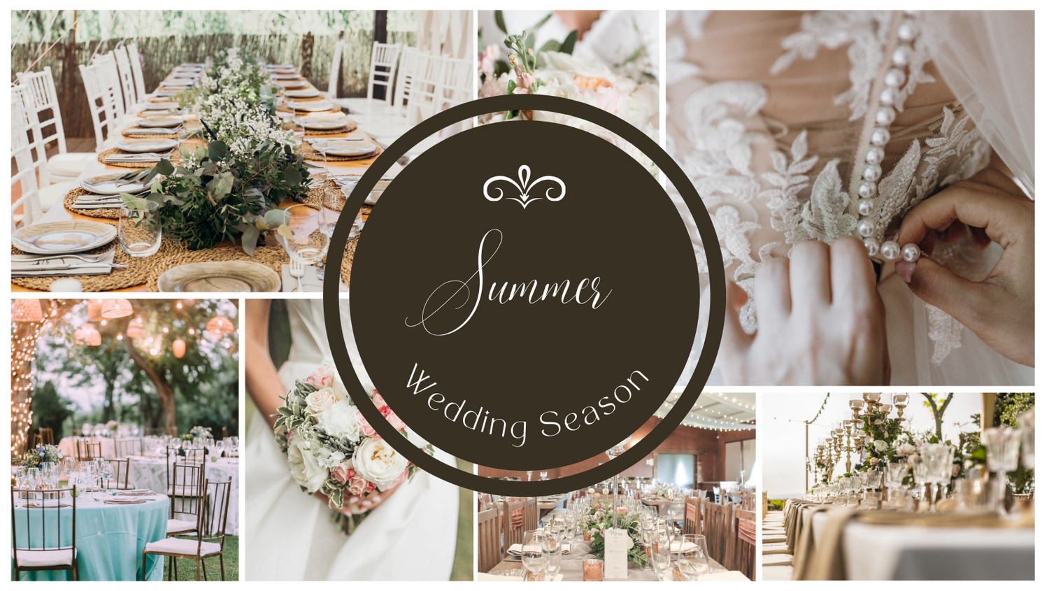 Elegant wedding reception collage showing table settings with floral centerpieces and romantic decor details in soft tones.
