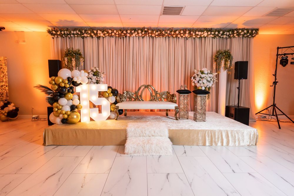 Elegant wedding reception setup with soft orange lighting and floral arrangements.