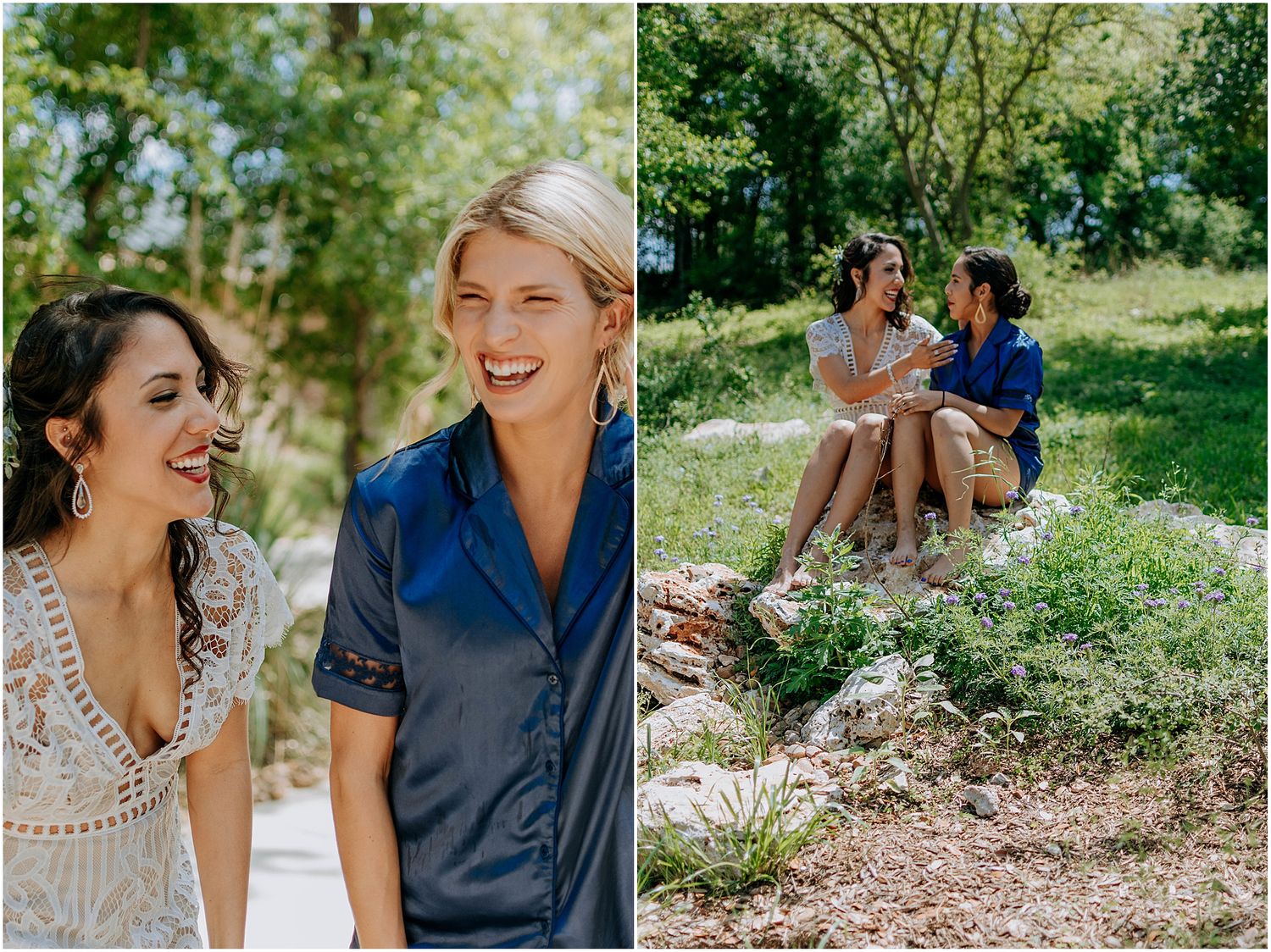 Candid outdoor photoshoot showing joyful laughter and embrace in a natural setting.