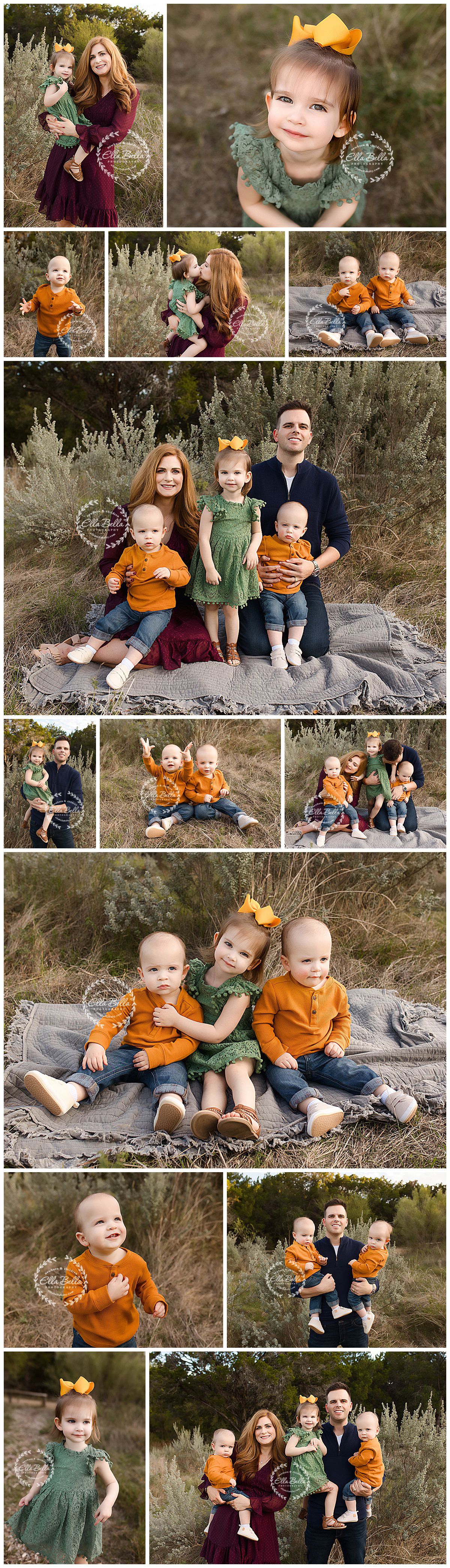 Collection of outdoor family photos featuring coordinated orange and burgundy outfits in natural setting.