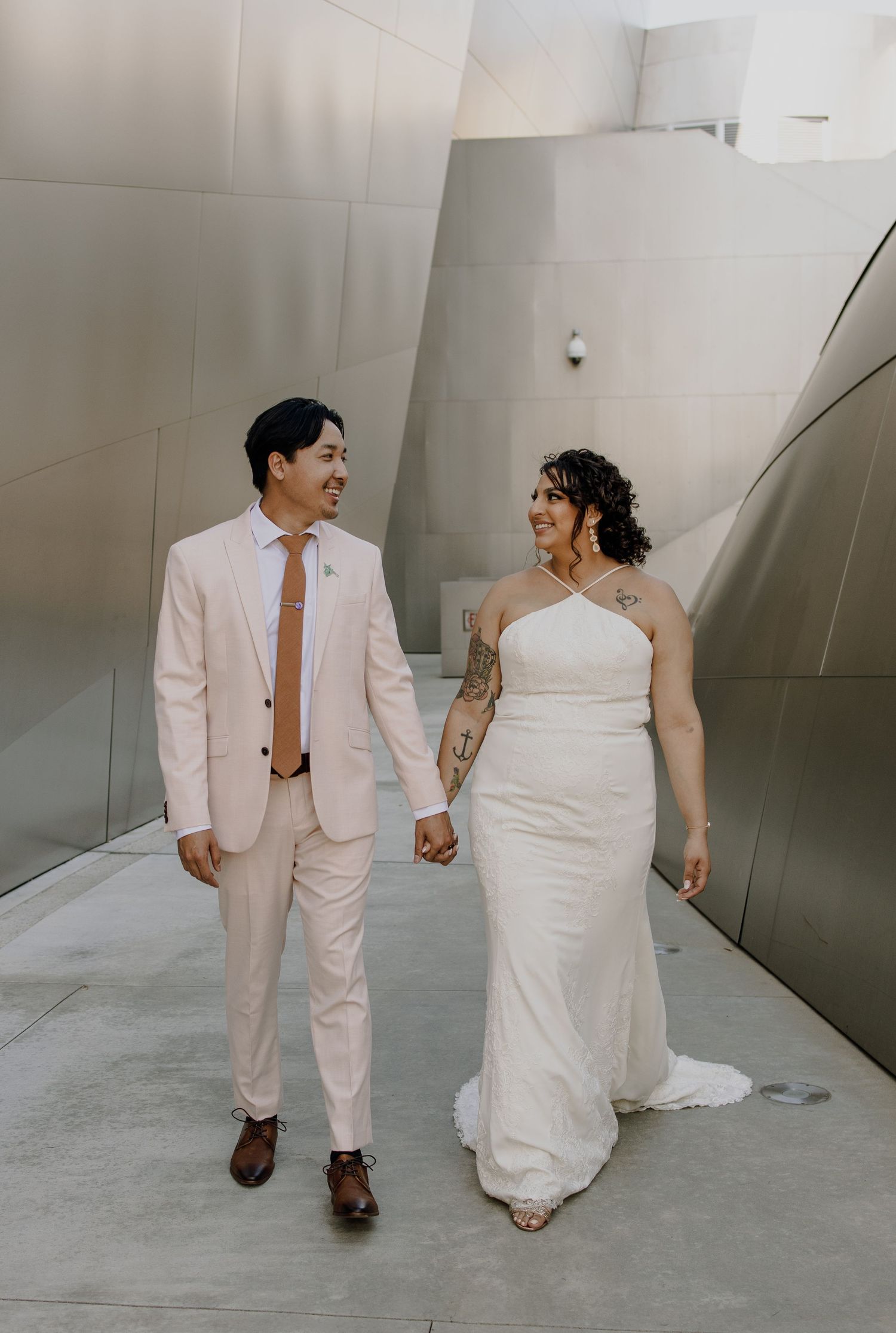 Walt Disney Hall Wedding Portraits Couple Walking