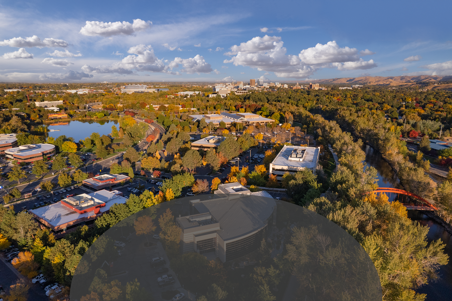 Scenic aerial shot of Parkcenter Pond in Southeast Boise, Idaho