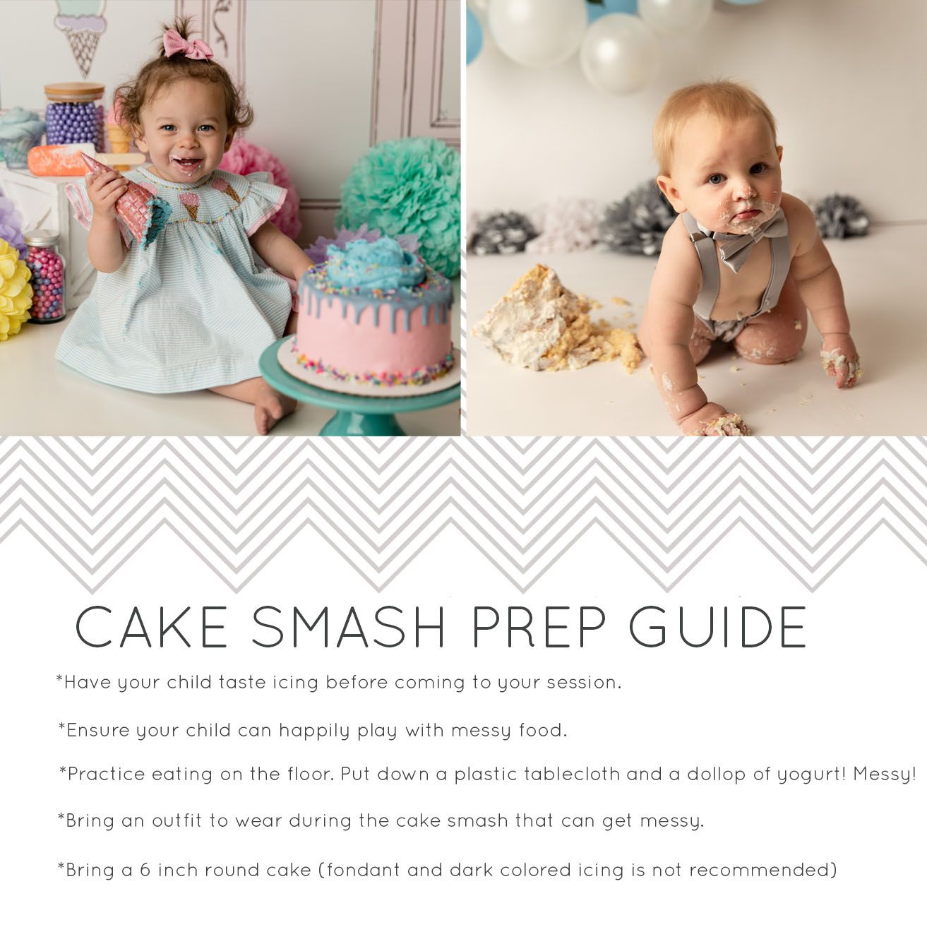 Instructional guide showing baby cake smash photo preparation steps.