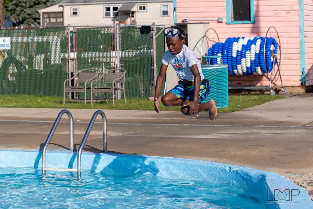 A collage of swimming pool scenes showing ladders, railings, and blue water in outdoor aquatic facilities.