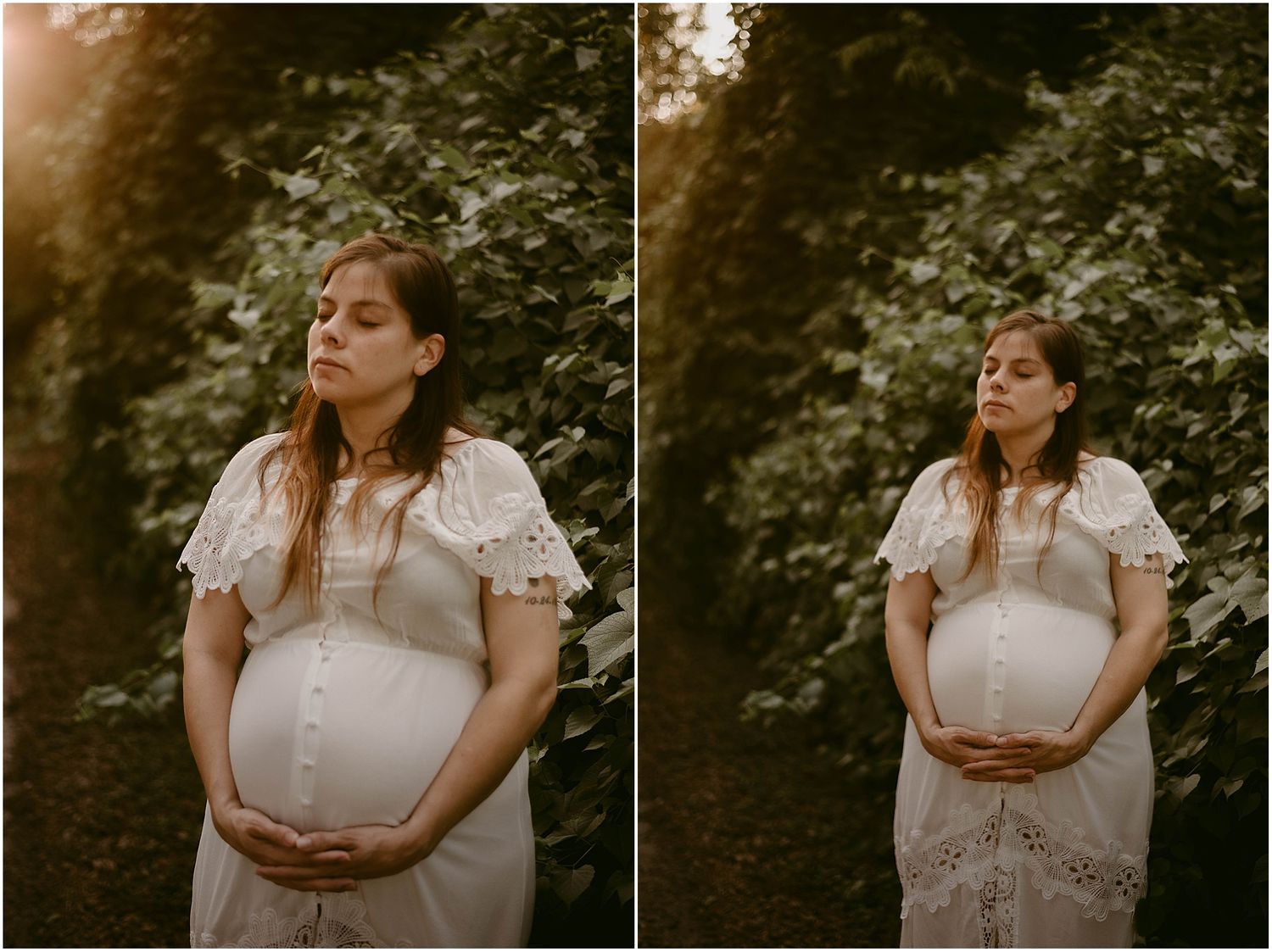 Diptych of intimate maternity poses showing mother-to-be in detailed white dress against foliage.