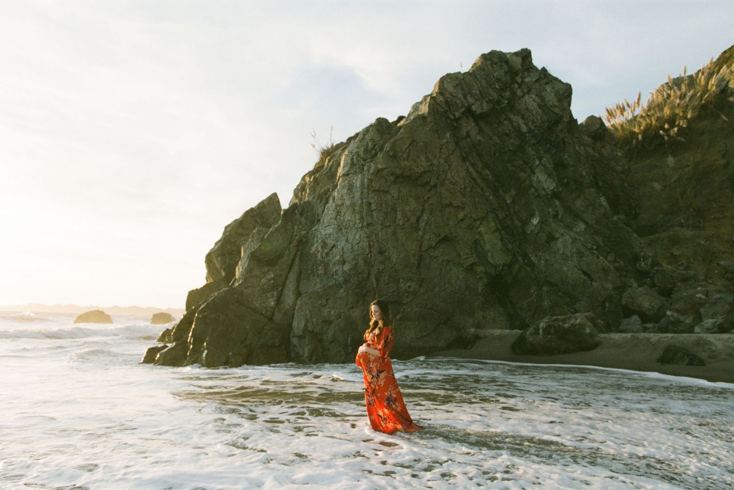 Series of beach photos with rocky cliffs and ocean waves at sunset.