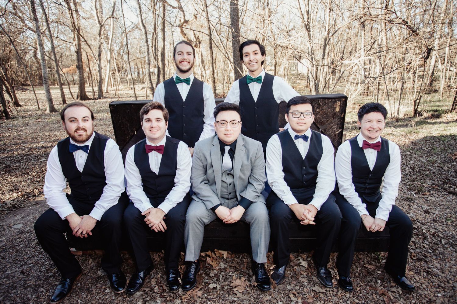 Boho Wedding Groom Party with Grey Suit With Royal Blue  at Arrowhead Weddings and Events