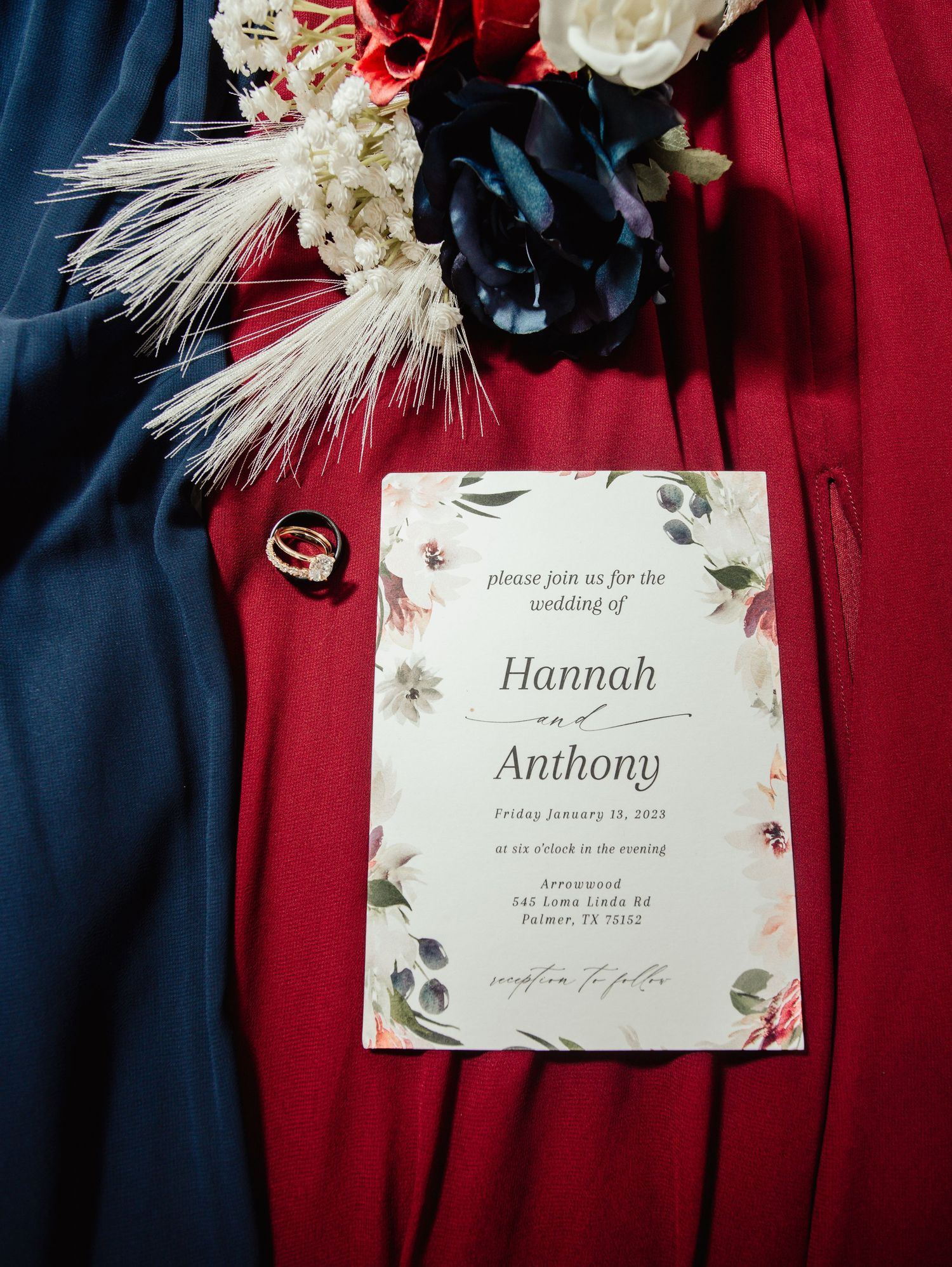 Boho Wedding with White Dress and Grey Suit With Royal Blue and Crimson Flowers at Arrowhead Weddings and Events