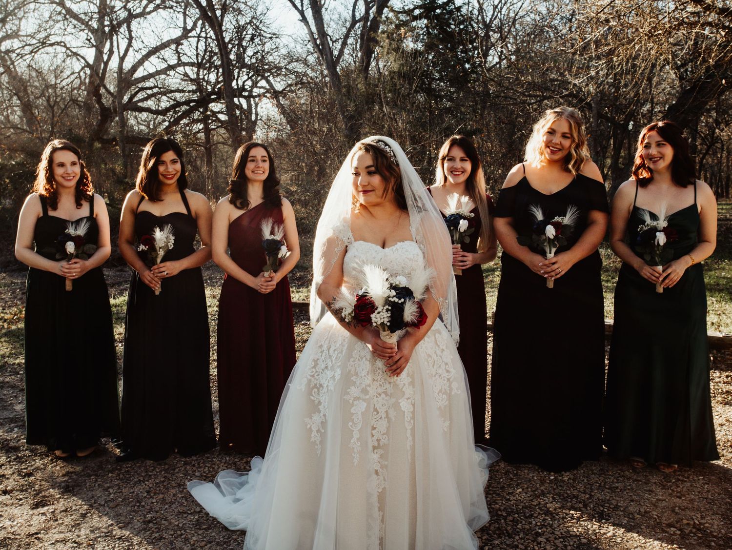 Boho Wedding Bridal Party with White Dress and Crimson Flowers at Arrowhead Weddings and Events