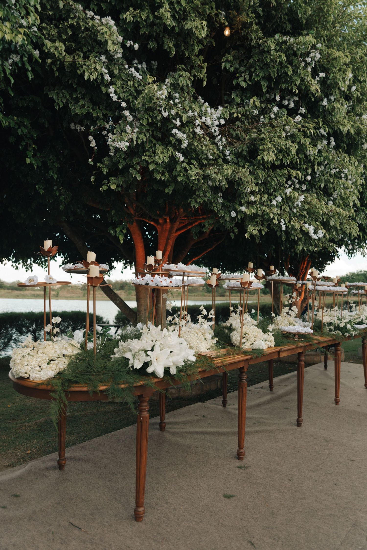 Elegant wedding table display with white floral arrangements and wooden antique tables.