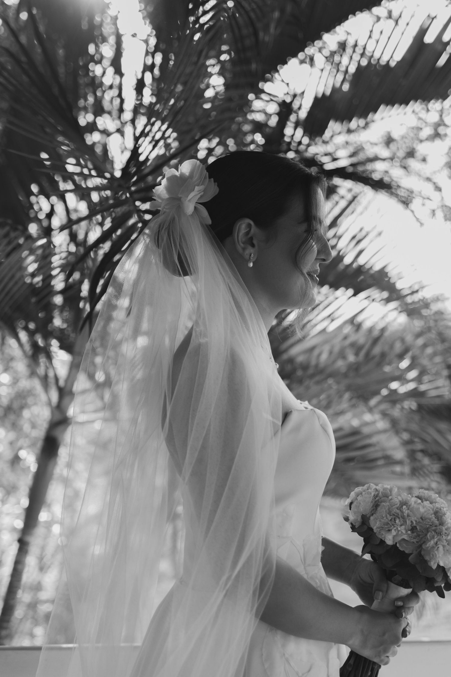 Black and white profile shot of a bride with veil against palm fronds.