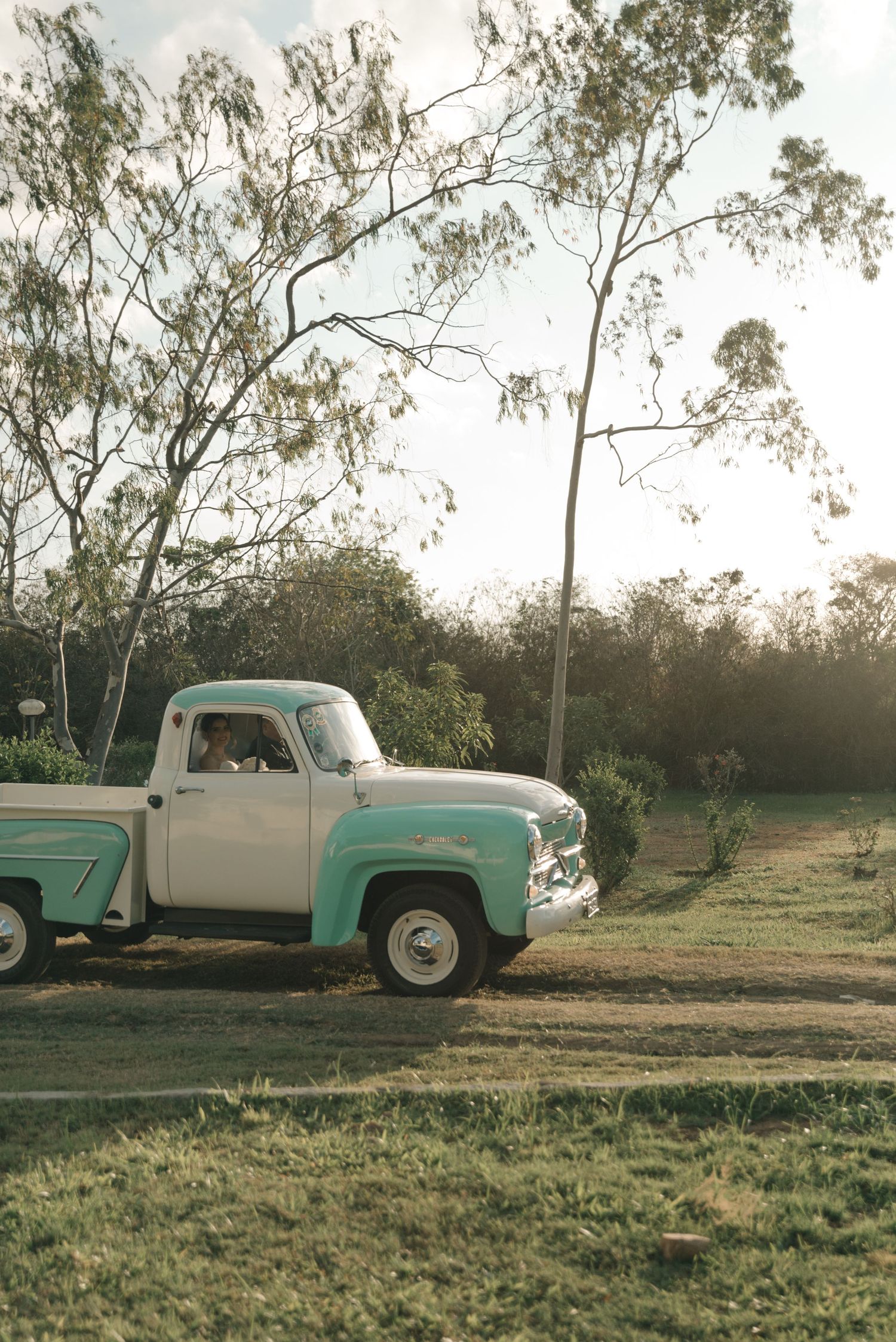 Vintage mint green and white pickup truck parked on grass at sunset.