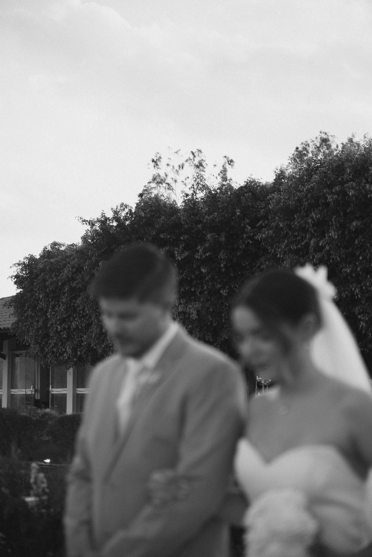A black and white portrait of newlyweds standing together at their outdoor ceremony.