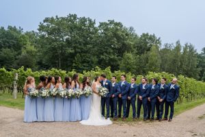 Wedding party in navy suits and light blue dresses pose together in front of a scenic vineyard.