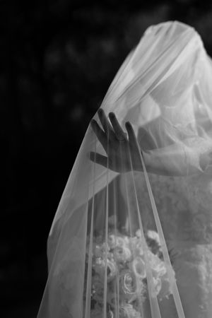 Delicate white bridal veil with intricate lace detailing captured in black and white photography.