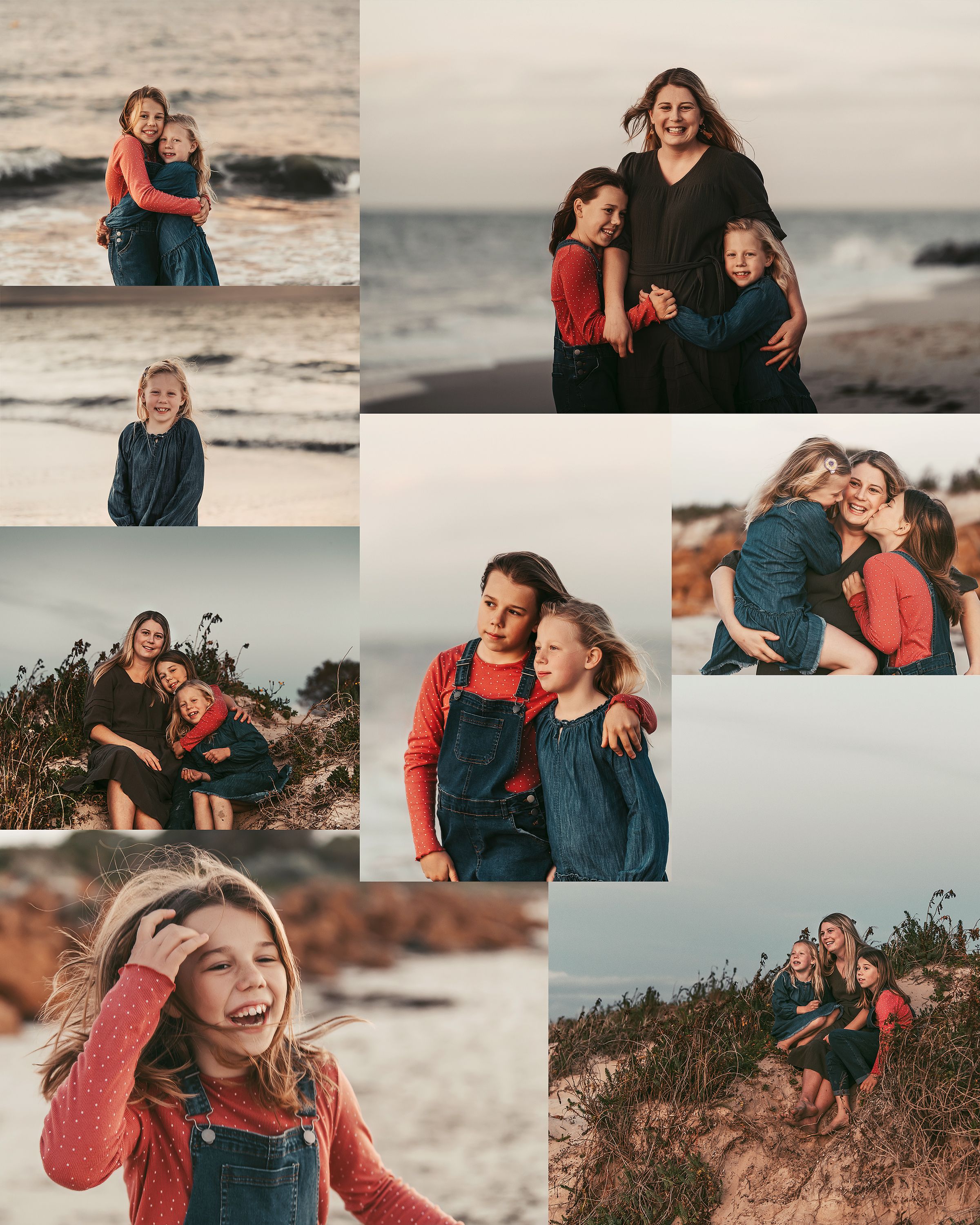 mother and girls late afternoon on beach