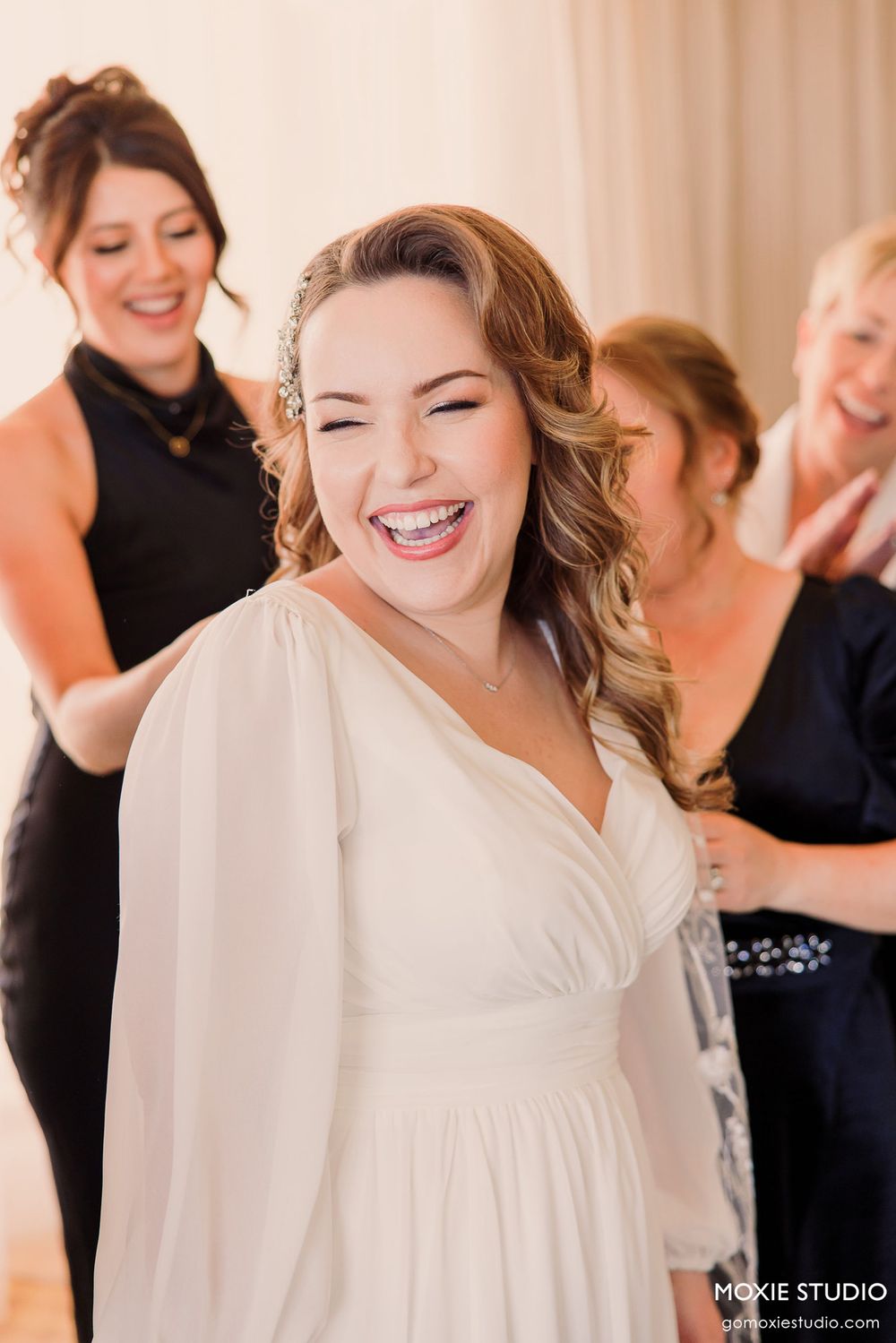 Candid sequence showing laughter and happiness during wedding preparation in a bright indoor setting.