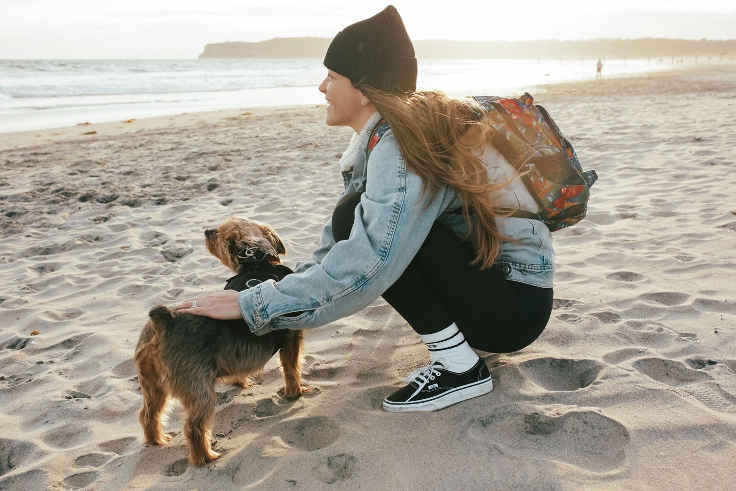 women at beach with dogs, sunset, yorkie, yorkshire terrier