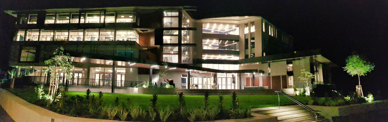 Office building lit up at night