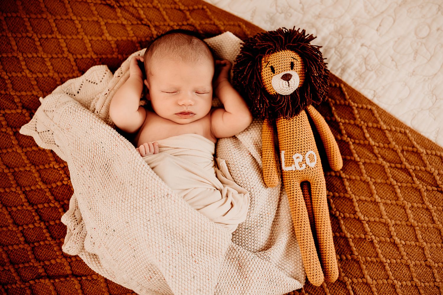 A newborn baby boy lays on the bed next to his stuffed animal during an in home newborn session.