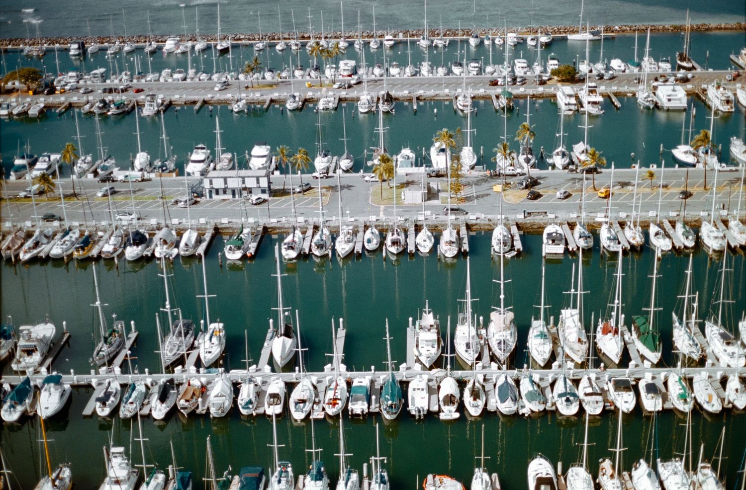 Aerial view of marina with rows of white sailboats docked in turquoise water.