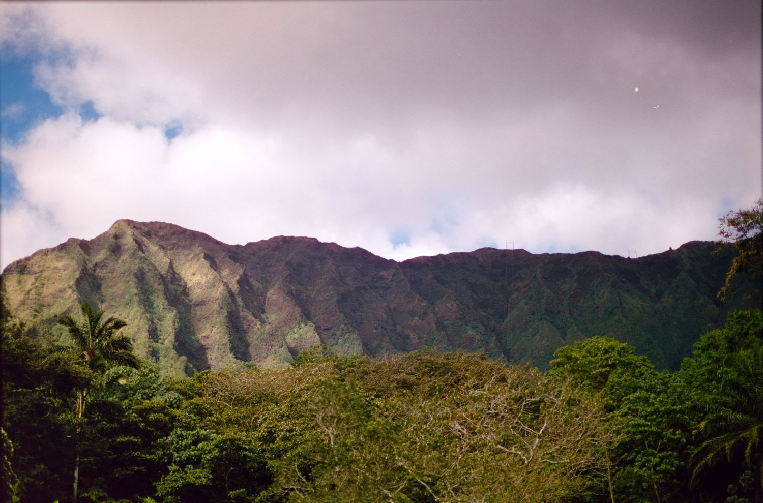 Mountain landscape with green vegetation and clouded peaks in Hawaii.