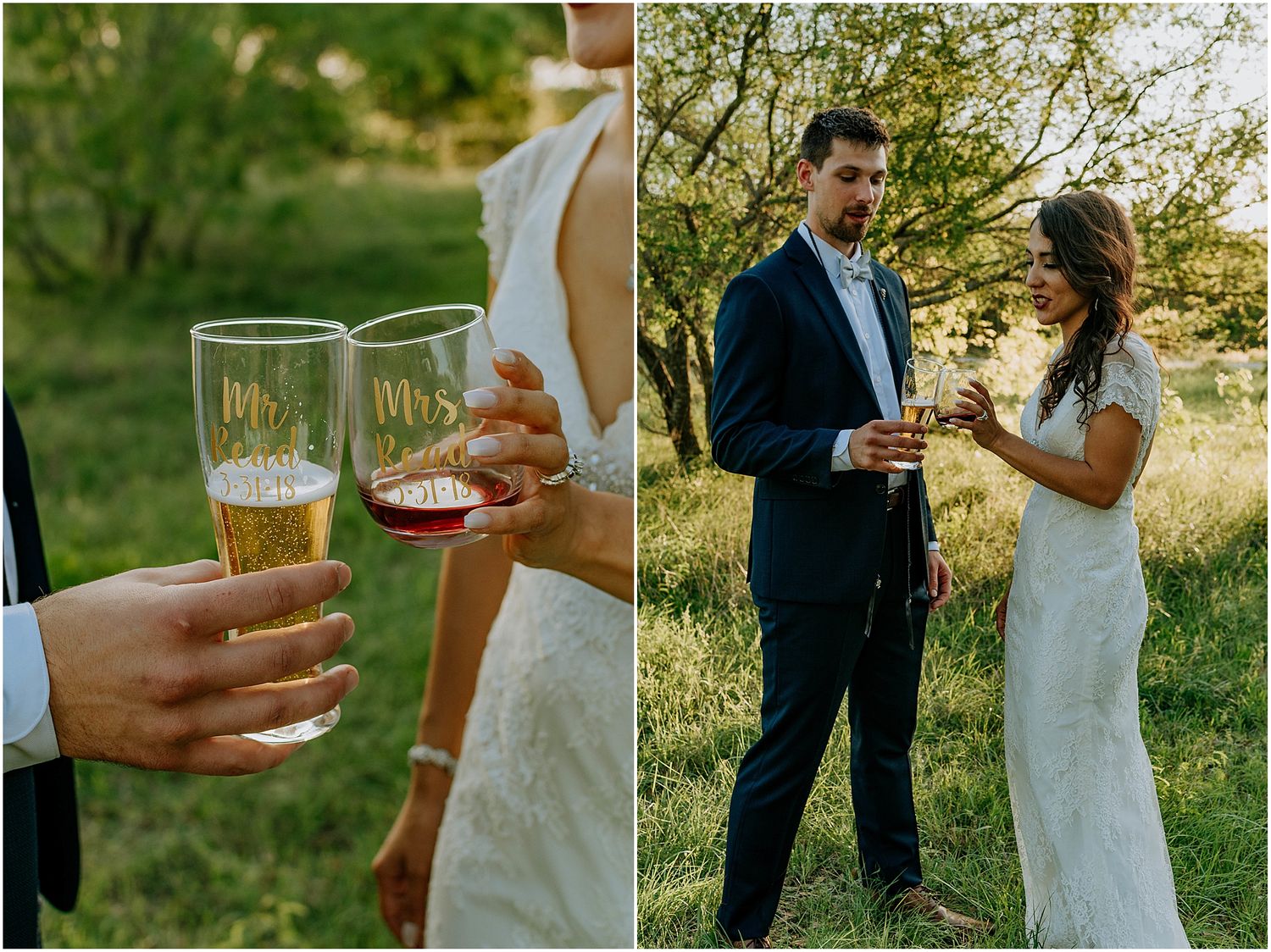 Wedding celebration scenes showing champagne toast and outdoor gathering in natural setting.